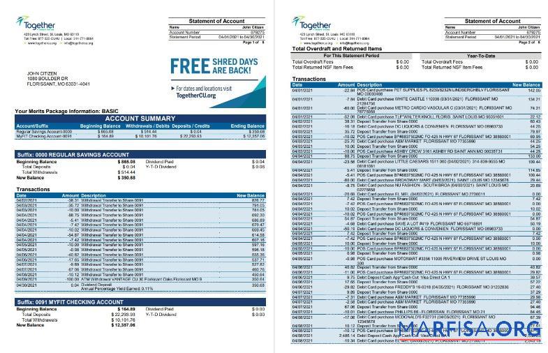 Realistic USA Missouri Together Credit Union bank statement word 6 pages template